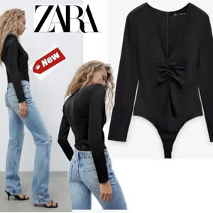 Zara Ruched Bodycon Long Sleeve V  Neck Bodysuit Black Size Small